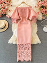 Sexy Hollow Out Lace Bodycon Long Dress Women Elegant Red/Pink/White Off Shoulder Patchwork Maxi Party Vestidos 2021 Autumn New - Lootquake