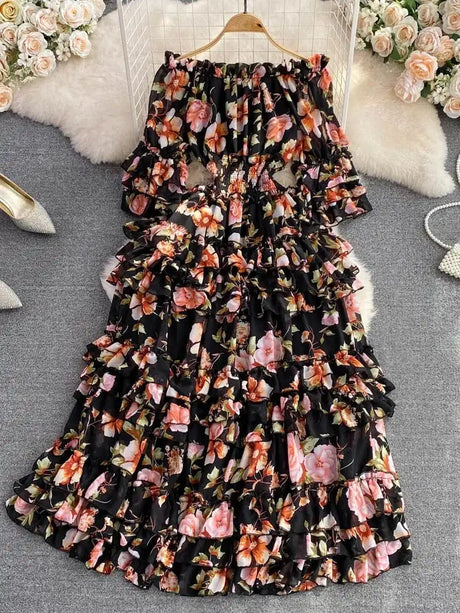 Summer New Off Shoulder  Wrap Waist to Show Thin A-line Fragmented Cake Dress Women's Beach Vacation Chiffon Long Dress GD820 - Lootquake