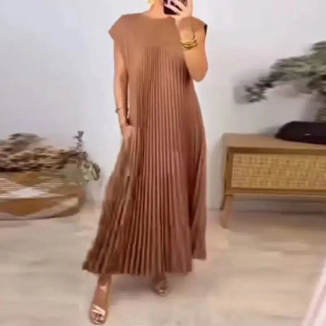 Women's Elegant And Fashionable Round Neck Sleeveless Pleated Long Dress In Solid Color Beige With Pockets, Oversized Long Skirt - Lootquake