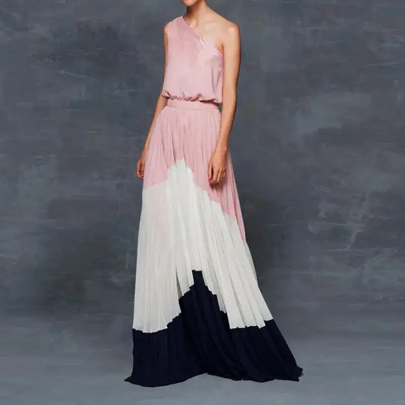 Vestidos de un solo hombro para mujer, primavera y verano 2024, con estampado de empalme y hombros descubiertos, sueltos, largos, a la moda, para ir al trabajo