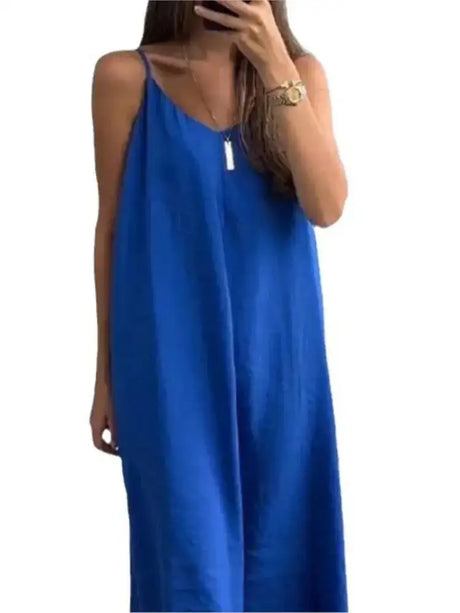 Summer Loose Spaghetti Strap Dresses Women Solid Color V-neck Casual Commuting Sleeveless Long Dress Female Fashion New Vestidos - Lootquake