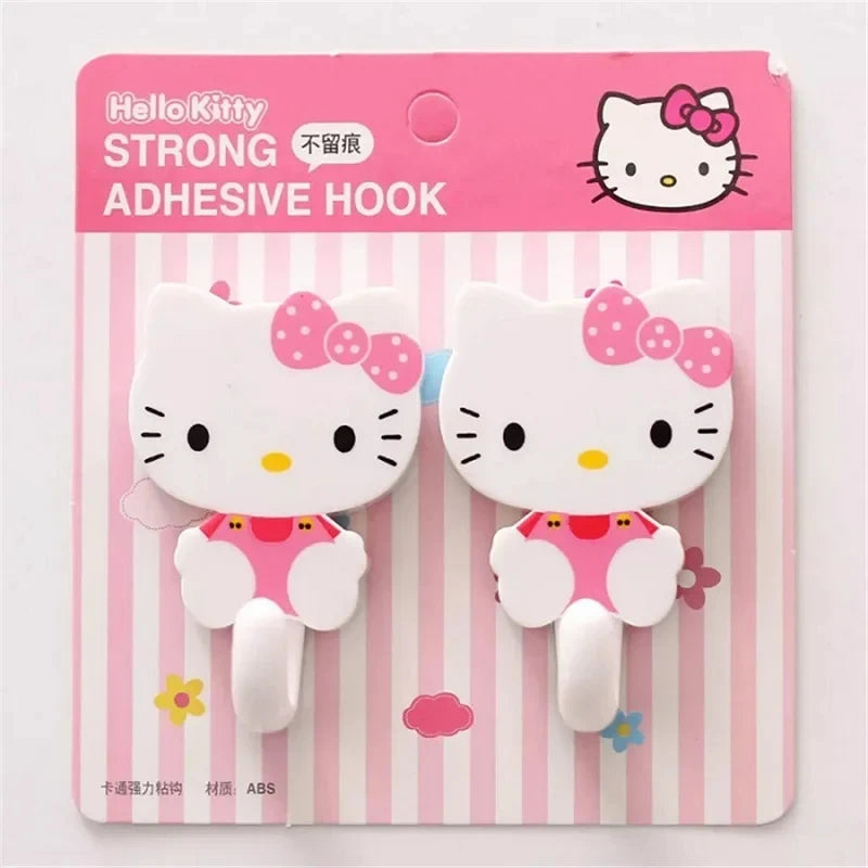 Juego de 2 ganchos adhesivos de pared Sanrio Hello Kitty con dibujos animados, resistentes y autoadhesivos, para cocina, baño, accesorios de almacenamiento para el hogar.