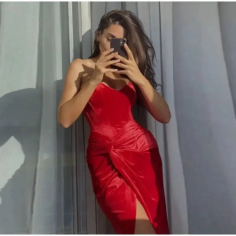 Elegant Velvet Knot Side Split Strapless Maxi Dress Women Back Bandage Off Shoulder Sleeveless Evening Long Dress Party Vestidos - Lootquake