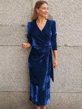 Elegant Solid Velvet Long Dress Women V-neck Wrap Long Sleeve High Waist Ruched Lace-up Birthday Dress Evening Sexy Party Vestid - Lootquake