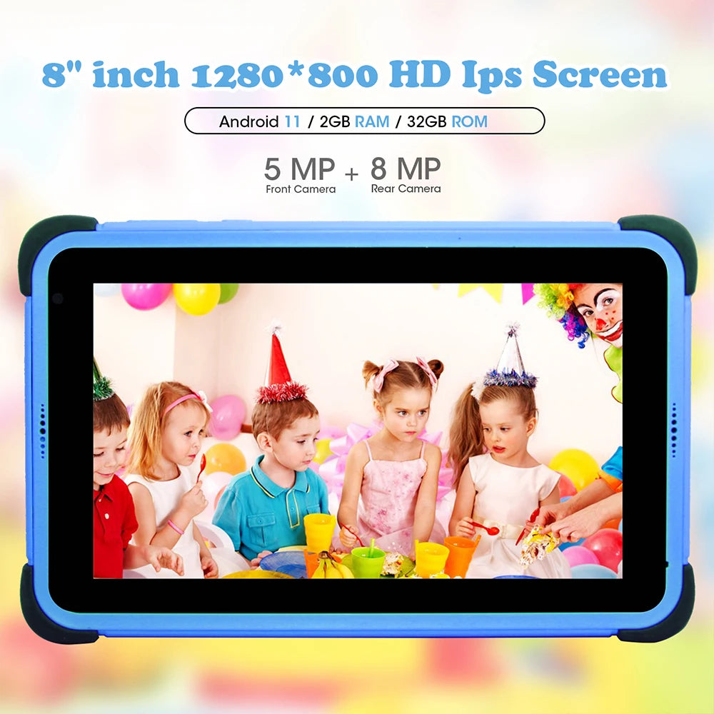 Tablette enfant Weelikeit 8 pouces Android 11 1280x800 IPS 2 Go 32 Go Quad Core 4500 mAh Wi-Fi avec support