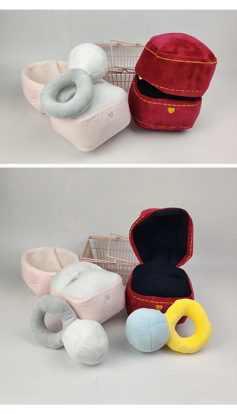 Caja de anillo creativa de peluche, juguete de amor, caja de anillo de diamantes, juguete masticable para mascotas, cachorros, niños, lindo perro suave, juguetes de interés.