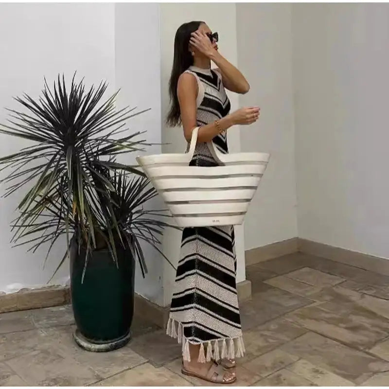 Striped Knitted Long Dress Women O-neck Backless Hollowed Out Long Sleeves Lady Bodycon Dress 2024 Spring Summer Vacation Robe