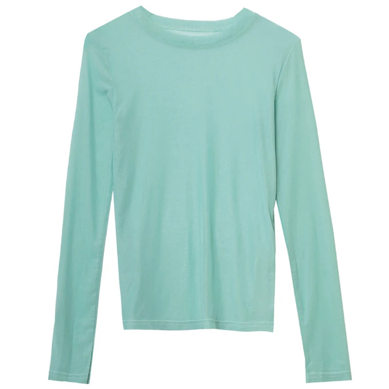 Camisa neón para mujer, de manga larga, con cuello alto, transparente, de malla amarilla dorada, sexy, para fiesta, club, ropa de calle, camisetas de hip hop