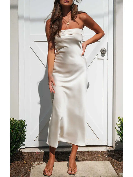 Women Summer Solid Color Party Strapless Dress Sleeveless Backless Elastic Strap Silk Surface Elegant Long Dress - Lootquake