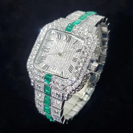Luxury Full Diamond Watch for Men Fashion Green Iced Out Bling Square Watches Hip Hop Rap Jewelry Relogio Masculino Dropshipping - Lootquake