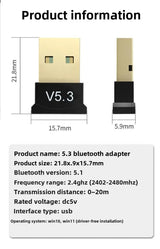 Adaptador USB Bluetooth 5.3 Adaptador inalámbrico Bluetooth 5.1 para PC Portátil Altavoz inalámbrico Receptor de audio Transmisor USB