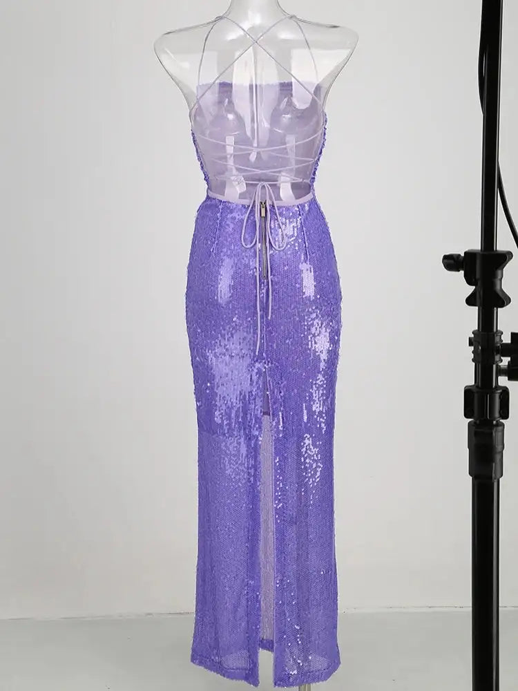 New Sexy Sleeveless Backless Lace-up Slim Long Dress Summer Elegant Pleated Backless Bright Sequins Dress Luxury Evening Dresses - Lootquake