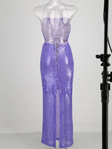 New Sexy Sleeveless Backless Lace-up Slim Long Dress Summer Elegant Pleated Backless Bright Sequins Dress Luxury Evening Dresses - Lootquake
