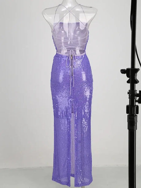 New Sexy Sleeveless Backless Lace-up Slim Long Dress Summer Elegant Pleated Backless Bright Sequins Dress Luxury Evening Dresses - Lootquake