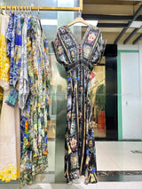 Women New V Neck Crystal Beaded Short Sleeve Retro Cartoon Print Elastic High Waist Silk Long Dress - Lootquake