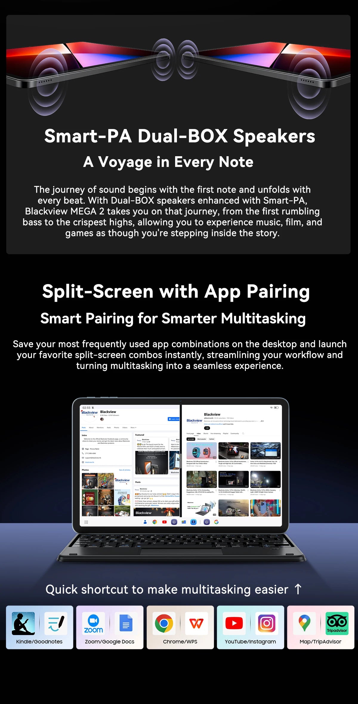Tablettes Blackview MEGA 2 12 pouces 2K écran Widevine L1 24 Go (8 + 16) Android 15 256 Go 9000 mAh AI caméra principale Pad PC