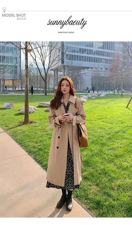 Streetwear Loose Trench Coat Midi Length Fashion Korean Elegant Khaki Black Women's Windbreaker Coat Casual Double Breasted Tops - Lootquake