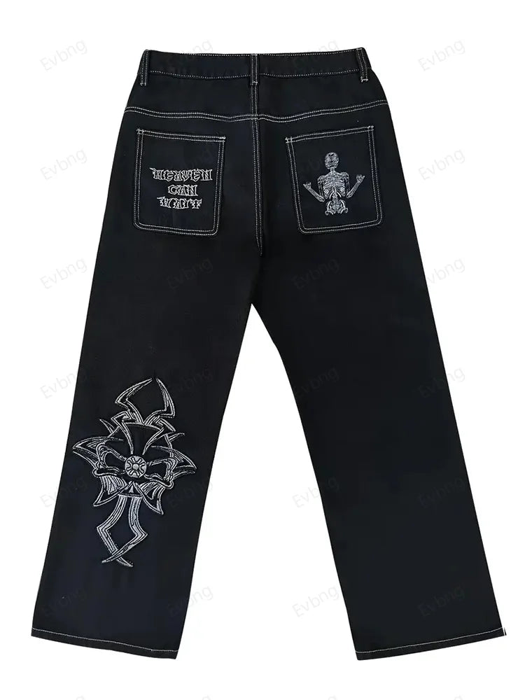 Women's Skeleton Embroidery Jeans, Men's Casual Street Style Loose Fit Jeans,Hip Hop Y2K New Straight Cargo Pants Streetwear - Lootquake