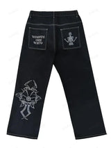 Women's Skeleton Embroidery Jeans, Men's Casual Street Style Loose Fit Jeans,Hip Hop Y2K New Straight Cargo Pants Streetwear - Lootquake