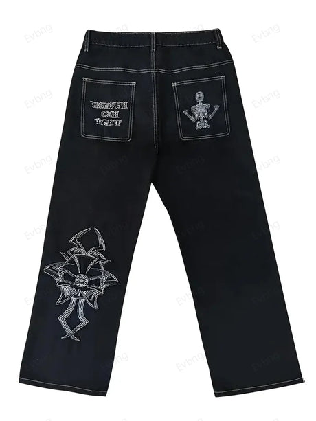 Women's Skeleton Embroidery Jeans, Men's Casual Street Style Loose Fit Jeans,Hip Hop Y2K New Straight Cargo Pants Streetwear - Lootquake