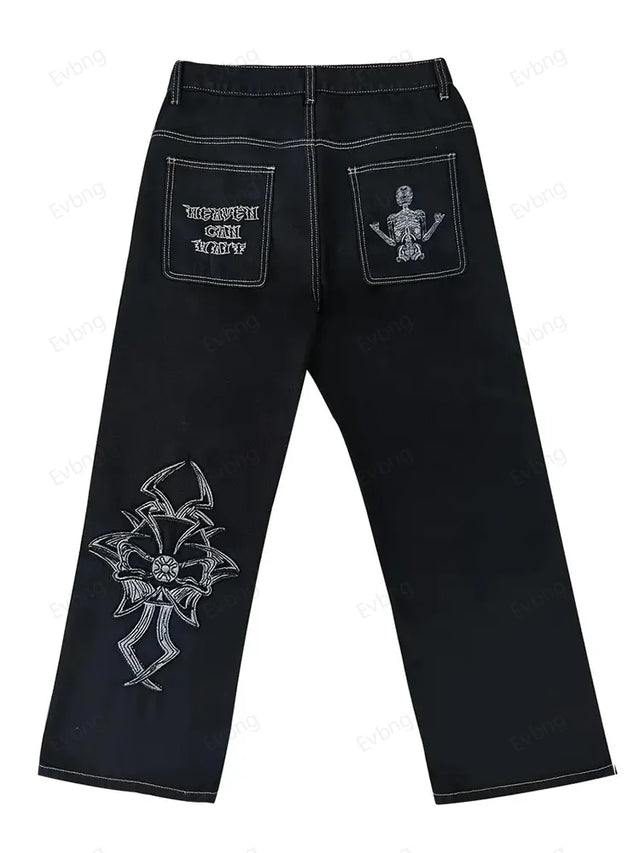 Women's Skeleton Embroidery Jeans, Men's Casual Street Style Loose Fit Jeans,Hip Hop Y2K New Straight Cargo Pants Streetwear - Lootquake