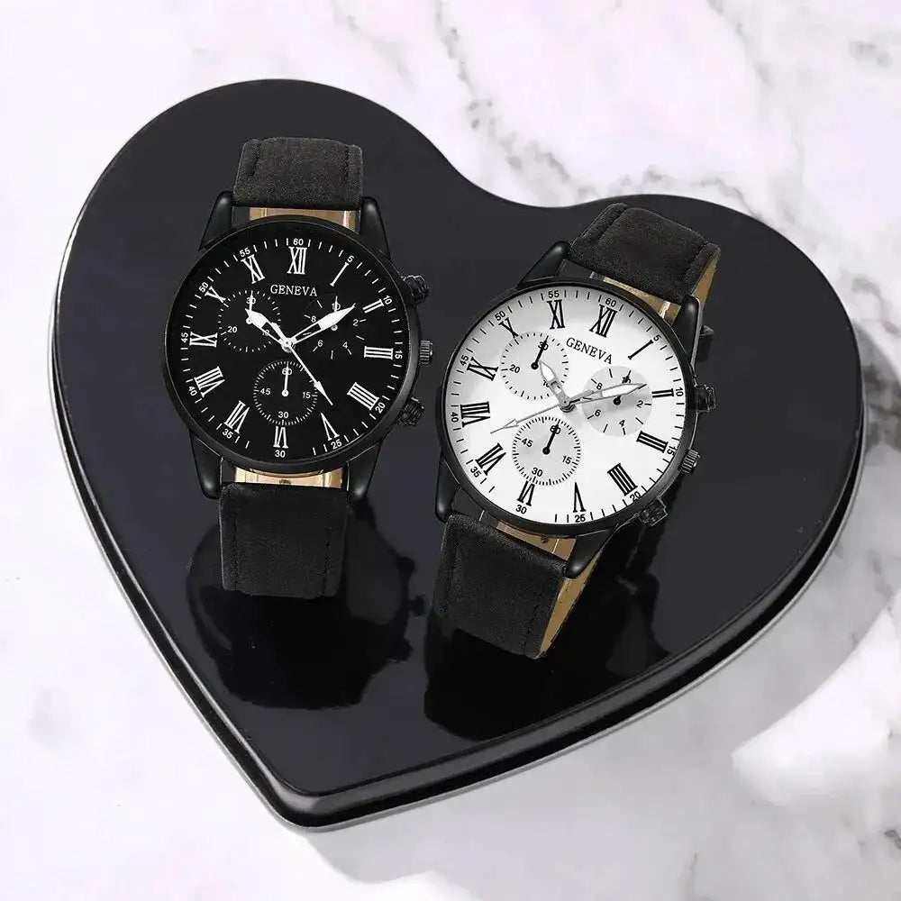 2PCS Set Couple Fashion Casual Leather Watches Ladies Simple Dial Quartz Wristwatches Dress Clock Montre Femme - Lootquake
