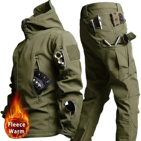 Camo Winter Tactical Sets Men Shark Skin Soft Shell Hooded Jacket+Multi-pocket Straight Cargo Pant 2Pcs Suits Waterproof Set - Lootquake