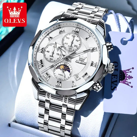 OLEVS 3675 Mens Watch Original Multifunctional Chronograph Quartz Watch Moon Phase Watches For Men Waterproof Mens Gifts Reloj - Lootquake