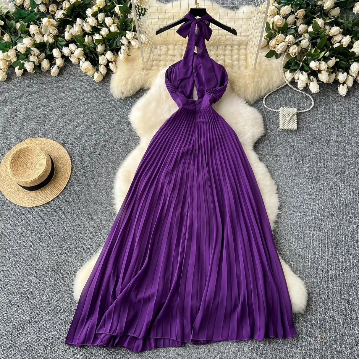 SINGREINY Sexy Halter Pleated Dress Women Summer Hollow Out Cross Lace Up Zipper Design Sleeveless Backless Elegant Long Dress - Lootquake