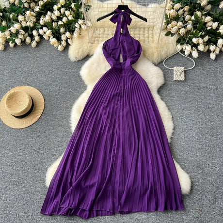 SINGREINY Sexy Halter Pleated Dress Women Summer Hollow Out Cross Lace Up Zipper Design Sleeveless Backless Elegant Long Dress - Lootquake