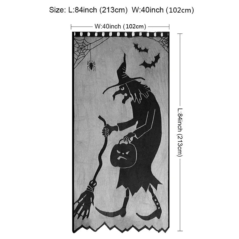 Halloween Window Decorations Halloween Door Curtain Skeleton & Bat Black Lace Panel for Haunted House Decor