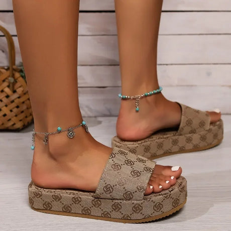 Summer New Women's Round Head Flat Soled Non-slip Slippers Woman Fashion Flowers Khaki Flats Sandals Female Zapatos De Mujer - Lootquake