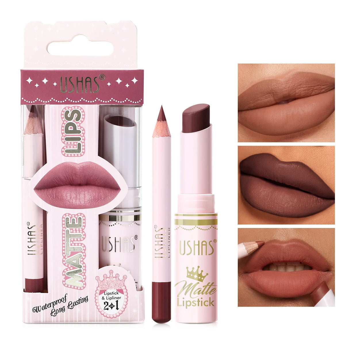 USHAS,Lipstick + lip liner set, matte finish, waterproof, long-lasting and non-staining, velvet nude lip gloss