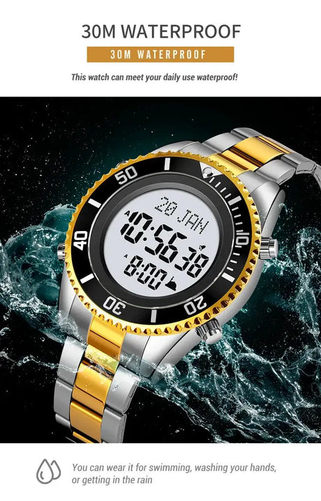 SKMEI 2141 Stainless Steel Digital Watche Muslim Azan Prayer Compass Clock Adhan Alarm Hijri Islamic Wristwatch with Back Light - Lootquake