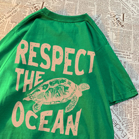 Respect The Ocean Green Turtle T Shirt Men Oversized Clothes Hip Hop Breathable Short Sleeve Harajuku Summer Cotton T-Shirt - Lootquake
