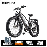 Bicicleta eléctrica BURCHDA RX80 para adultos, motor de 1000 W, batería de 48 V 20 Ah, neumáticos anchos todoterreno de 26", bicicleta eléctrica para montaña y nieve, ciclismo todoterreno
