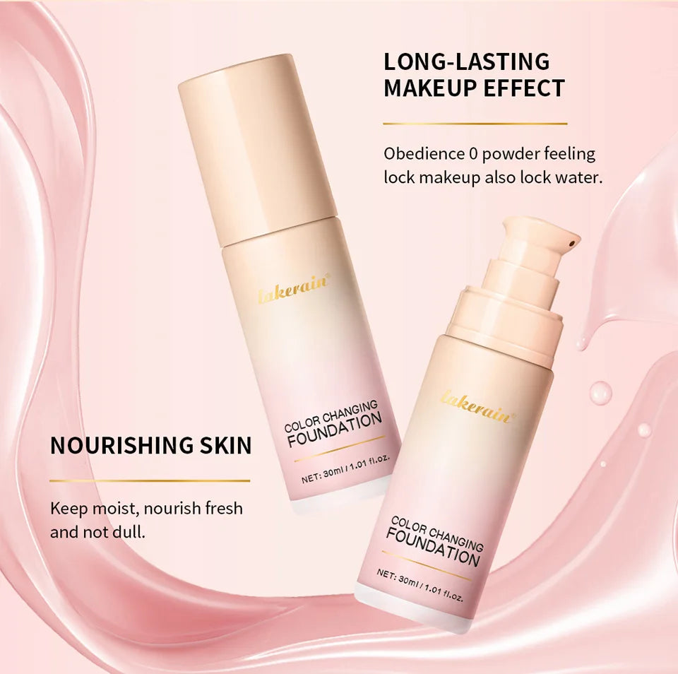 Base de maquillaje Lakerain que cambia de color CC Cream, base de maquillaje facial resistente al agua, base líquida, corrector impecable de larga duración.