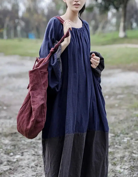 Oversized Spring New Women Big Size Robe Dress Korea Casual Loose Ladies Pullover Cotton Linen Dresses Woman Blue Long Dress - Lootquake