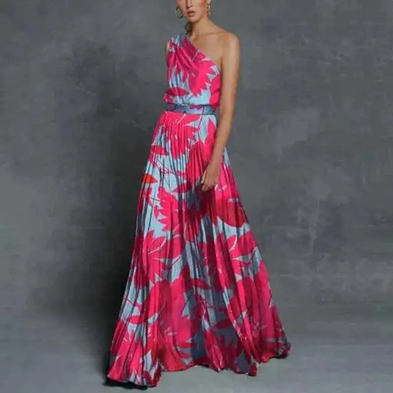 Vestidos de un solo hombro para mujer, primavera y verano 2024, con estampado de empalme y hombros descubiertos, sueltos, largos, a la moda, para ir al trabajo