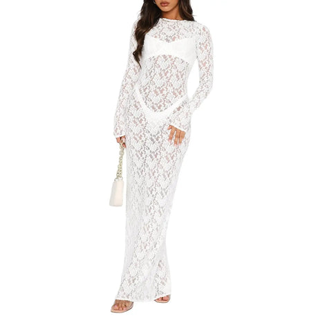 Women s Lace Long Dress Vintage Long Sleeve Round Neck Solid Color Bodycon Dress Party Gown - Lootquake