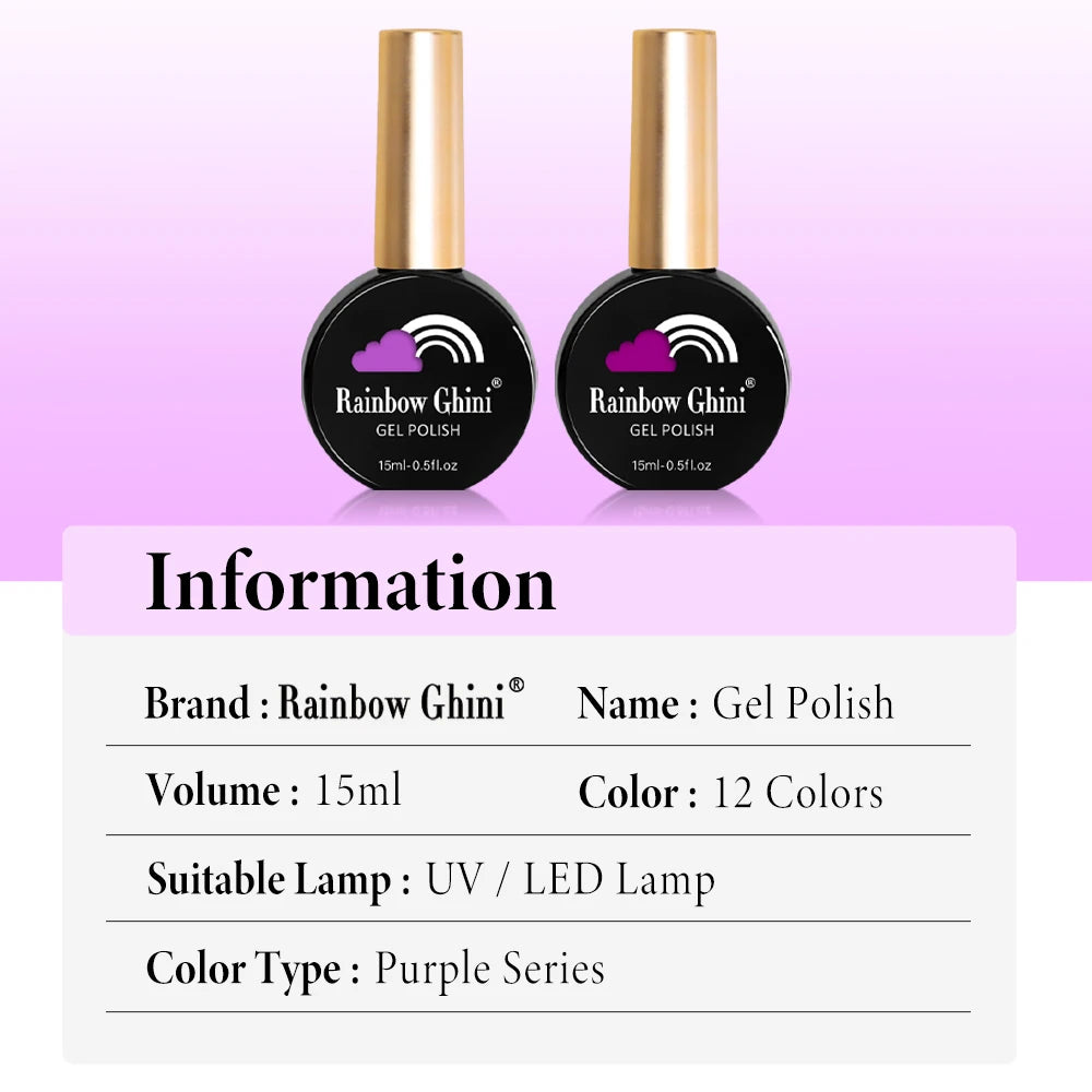 Rainbow Ghini UV LED Glitter Purple Gel Nail Polish 15ml Manicure Art Accessories Nail Glue Supplies for Professionals Varnishes