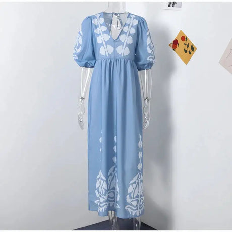 Elegant Print Half Puff Sleeve Dresses Women Loose V-neck Lace Up Backless Long Dress 2024 Summer New Ladies Chic Beach Robes - Lootquake