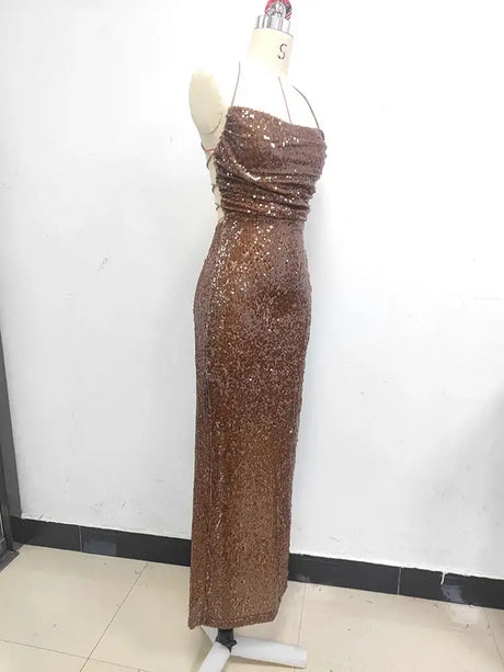 New Sexy Sleeveless Backless Lace-up Slim Long Dress Summer Elegant Pleated Backless Bright Sequins Dress Luxury Evening Dresses - Lootquake
