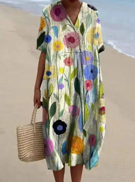 Casual Short Sleeved V-neck Big Swing Dress 2024 New Women's Loose Printed Long Dress Female Retro Flower Print Pullover Dresses - Lootquake