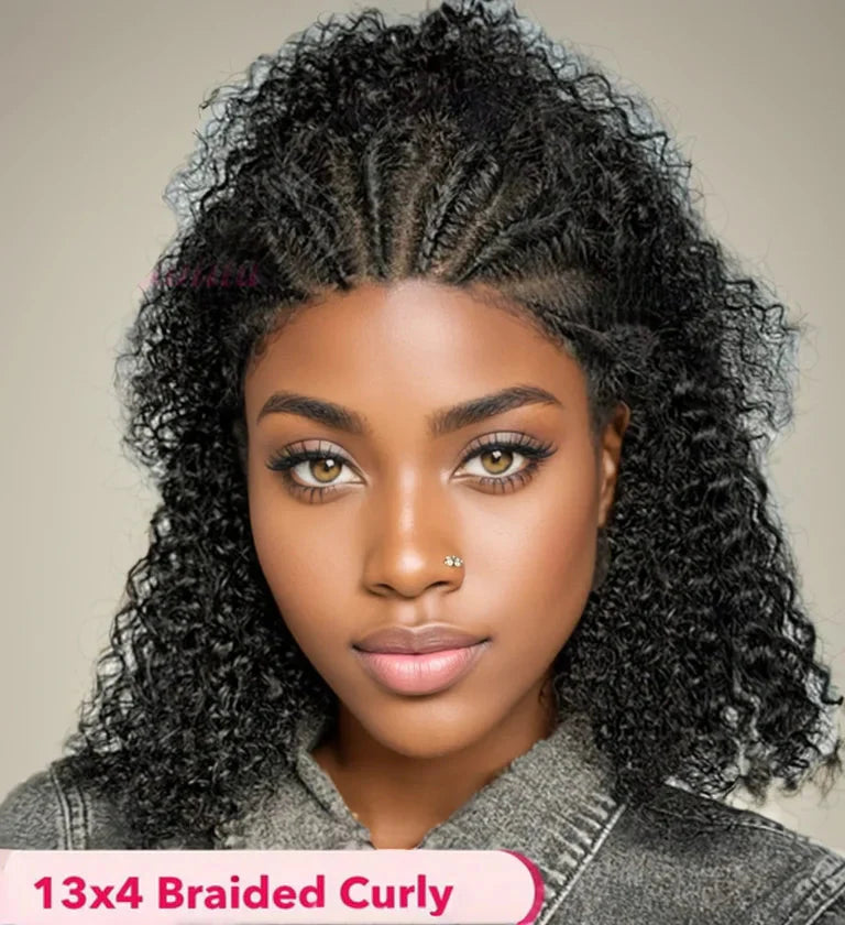 13x4 Human Hair Deep Curl Locs Wig | Knotless Braided Bob | 210 Density | Remy Mongolian Hair