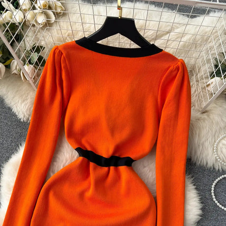 SINGREINY Office Lady Sweater Long Dress 2023 Bow Single Breasted Elastic Split Women Autumn Dress Fashion Senior Knitted Dress - Lootquake