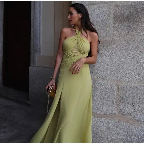 Hanging Neck Strap Split Long Dress Women Wrap Chest Backless High Waisted Slim Fit Robes Summer Chic Female Streetwear Vestido - Lootquake
