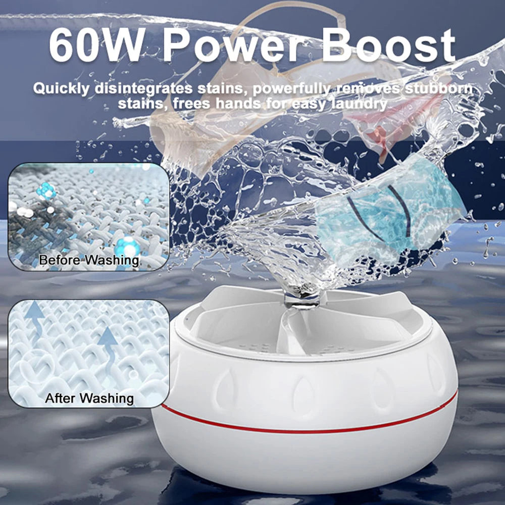Mini lavadora portátil turbo de alta potencia de 60 W, lavadora ultrasónica para apartamentos, camping, viajes, ropa interior, calcetines, USB