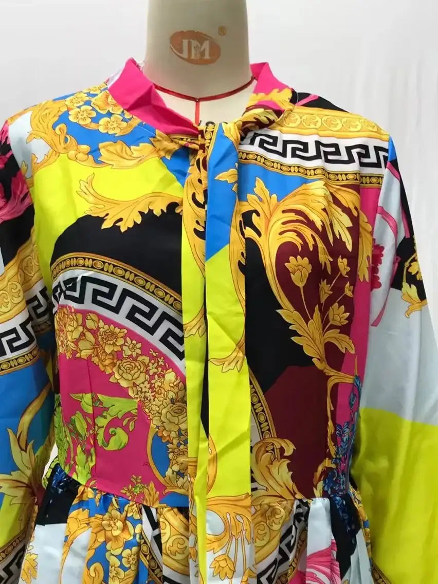 2024 Spring Summer New Cross-border Wishdress Women's Clothing Artistic Printing Plenty Folds Seven-half Sleeves Long Dress - Lootquake