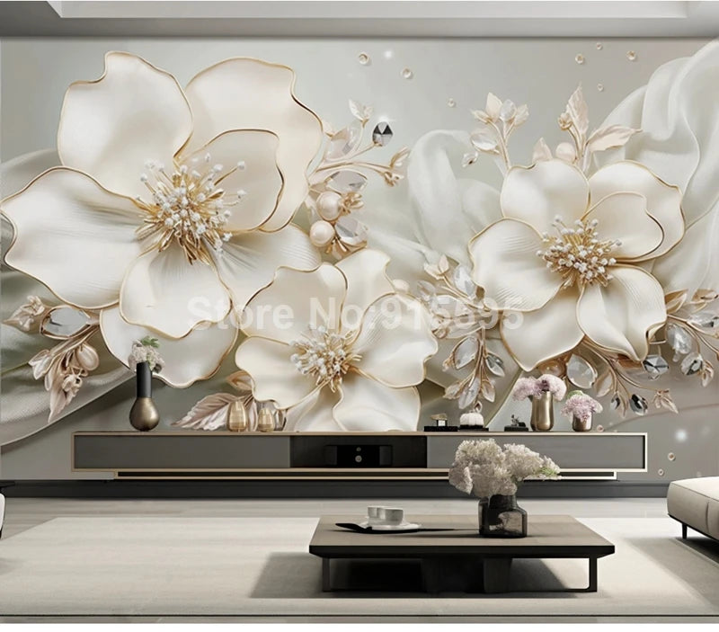 Custom Large Size Modern Wallpaper 3D Embossed Flowers Jewelry Mural Paper TV Background Wall Living Room Decor Home Improvement